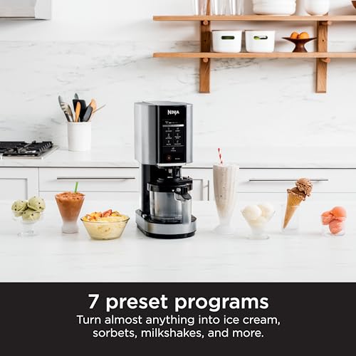 Ninja CREAMi, Ice Cream Maker, Ice Cream, Gelato, Sorbet ,Milkshakes, Mix-ins, Smoothie Bowls & More, 7-in-1, Ice Cream Pints, Pint lid, Healthy Ice Cream, Compact, Perfect for Kids, Black, NC299AMZ