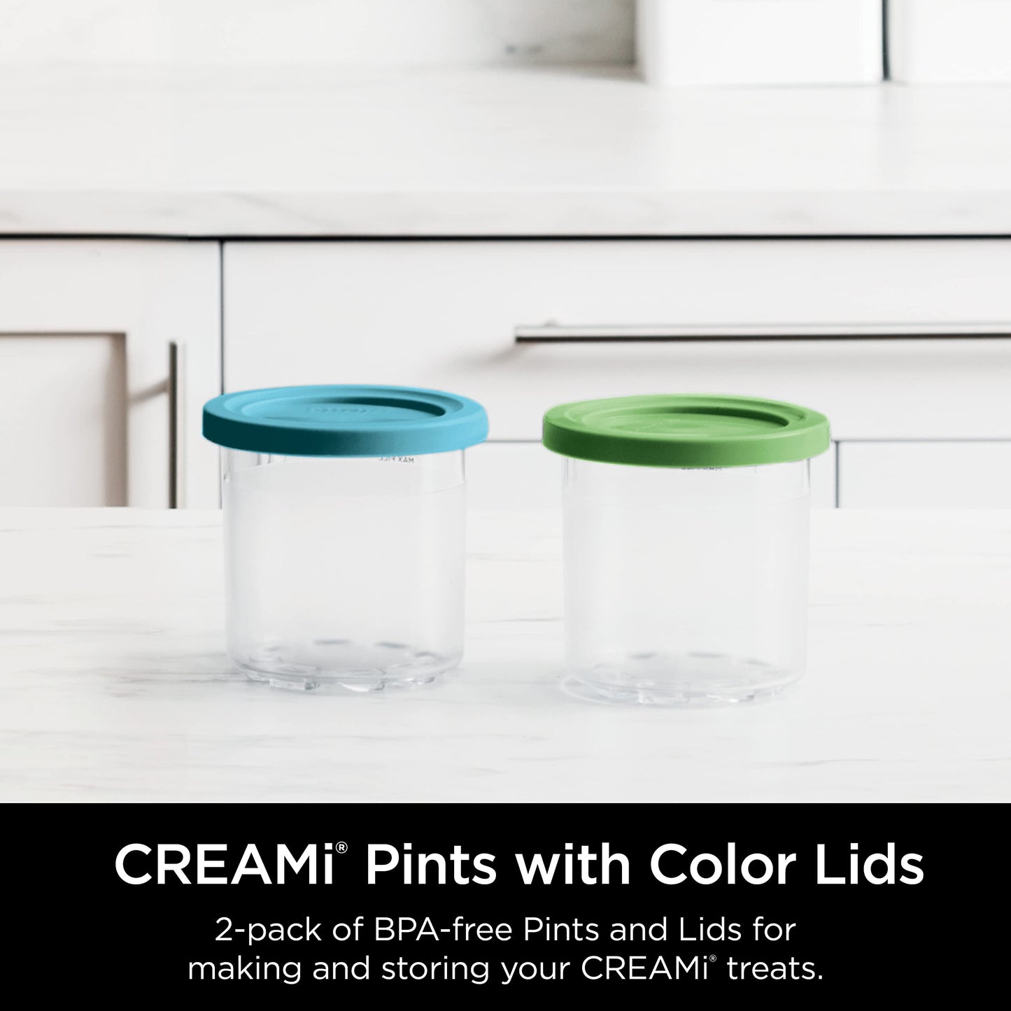 Ninja CREAMi Pints ,Compatible with NC299AMZ & NC300s Series CREAMi Ice Cream Makers, BPA-Free & Dishwasher Safe, Color Lids, 1 Pint Each, Clear/Lime/Aqua, XSKPLID2CD, 2 count (Pack of 1)